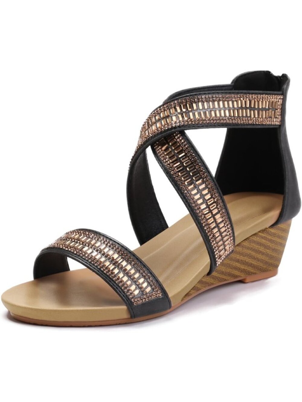 Women's 1460-Black Slide Wedge Sandal Open Toe High Heel Zipper Back Platform